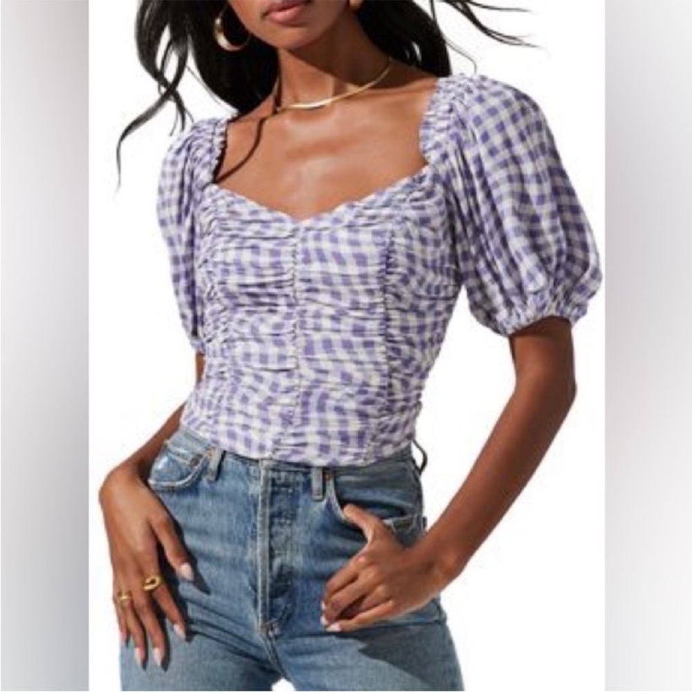 Astr Blue and White Puff Sleeve Ruched Blouse